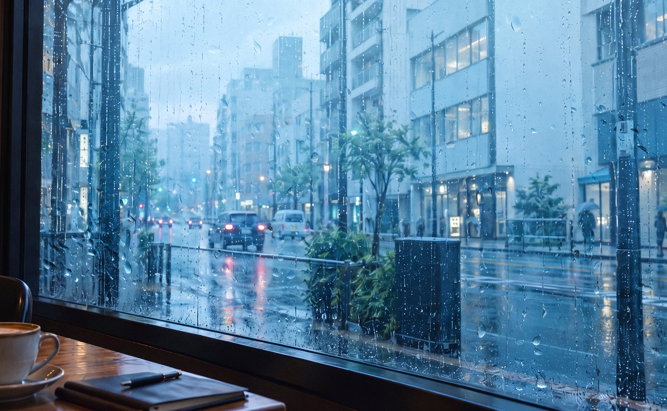A rainy Tokyo street seen from a quiet café window